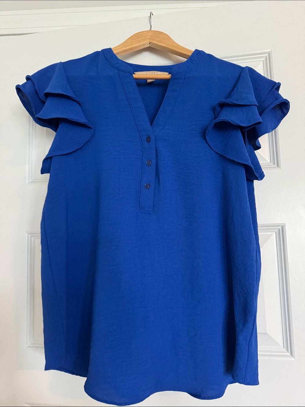 Hope & Harlow- Ruffle Sleeve V-Neck Blouse - Cobalt Blue